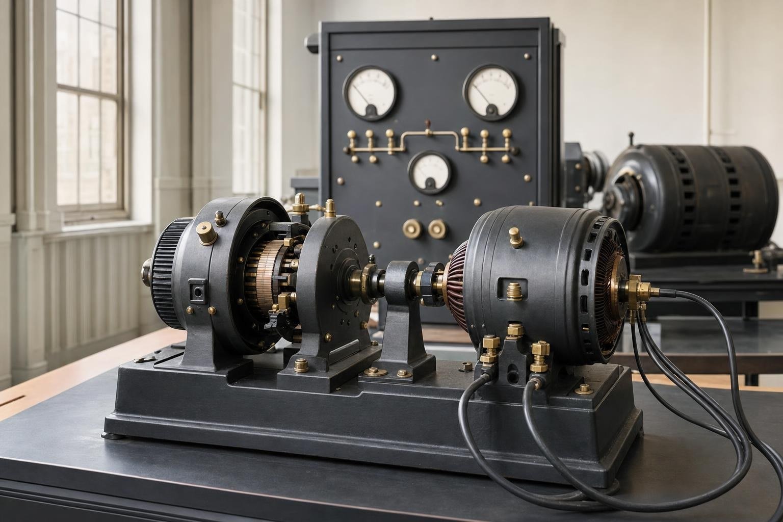 Electrical machines bench with a DC motor-generator set and control panel